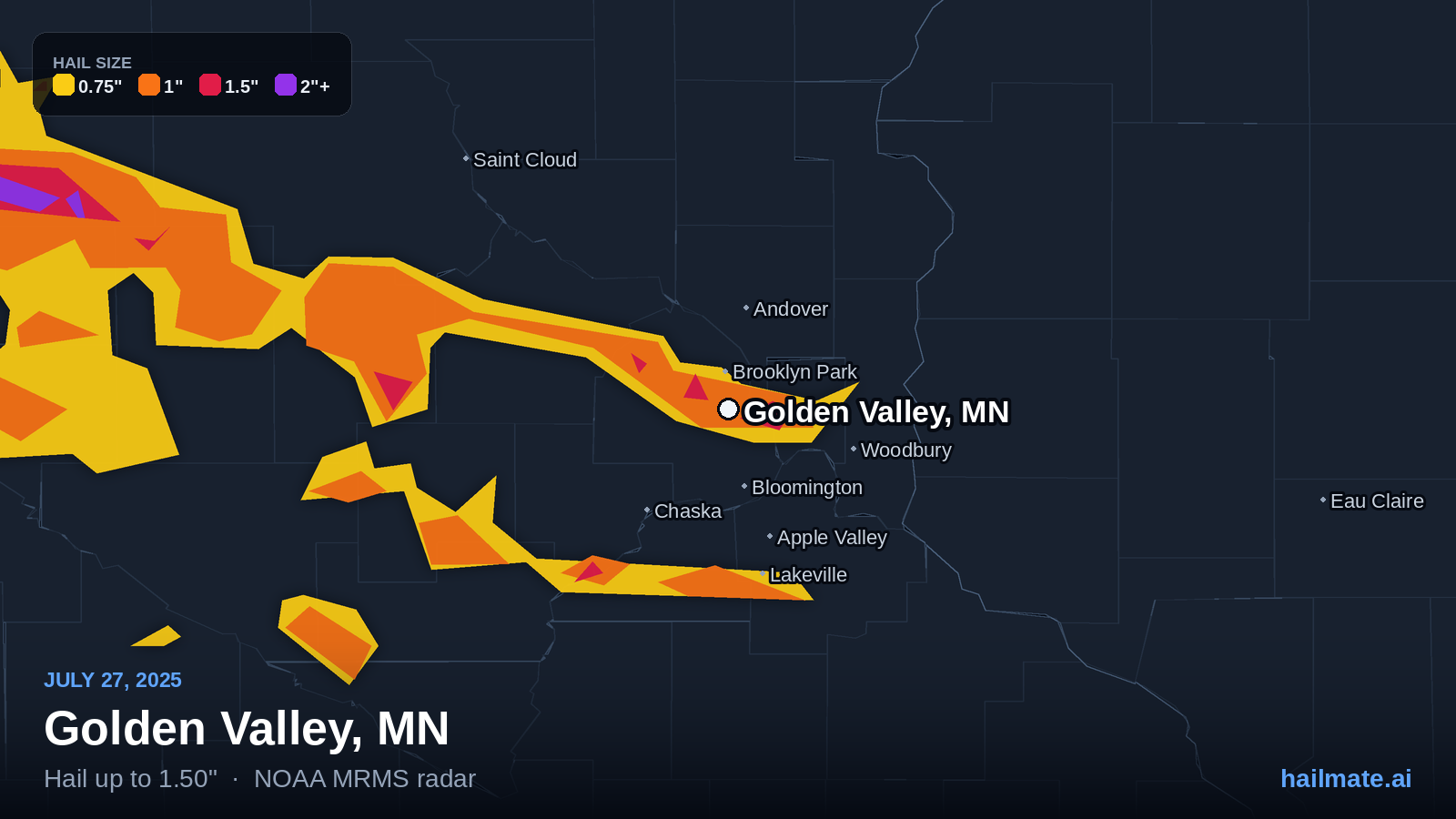 Hail swath map for Golden Valley, MN on July 27, 2025 showing 1.50 inch hail.