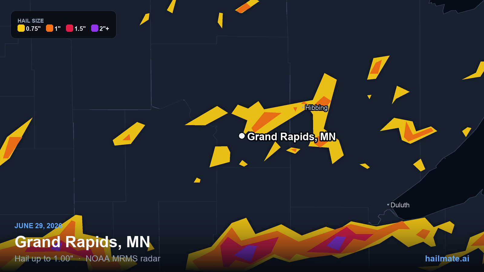 Hail swath map for Grand Rapids, MN on June 29, 2026 showing 1.00 inch hail.