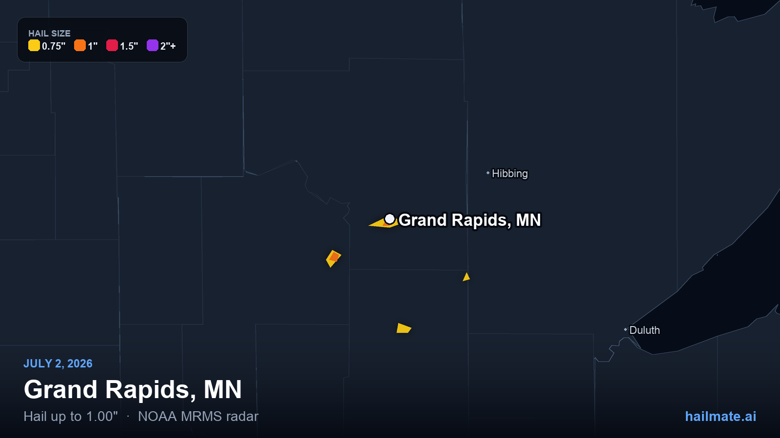 Hail swath map for Grand Rapids, MN on July 2, 2026 showing 1.00 inch hail.