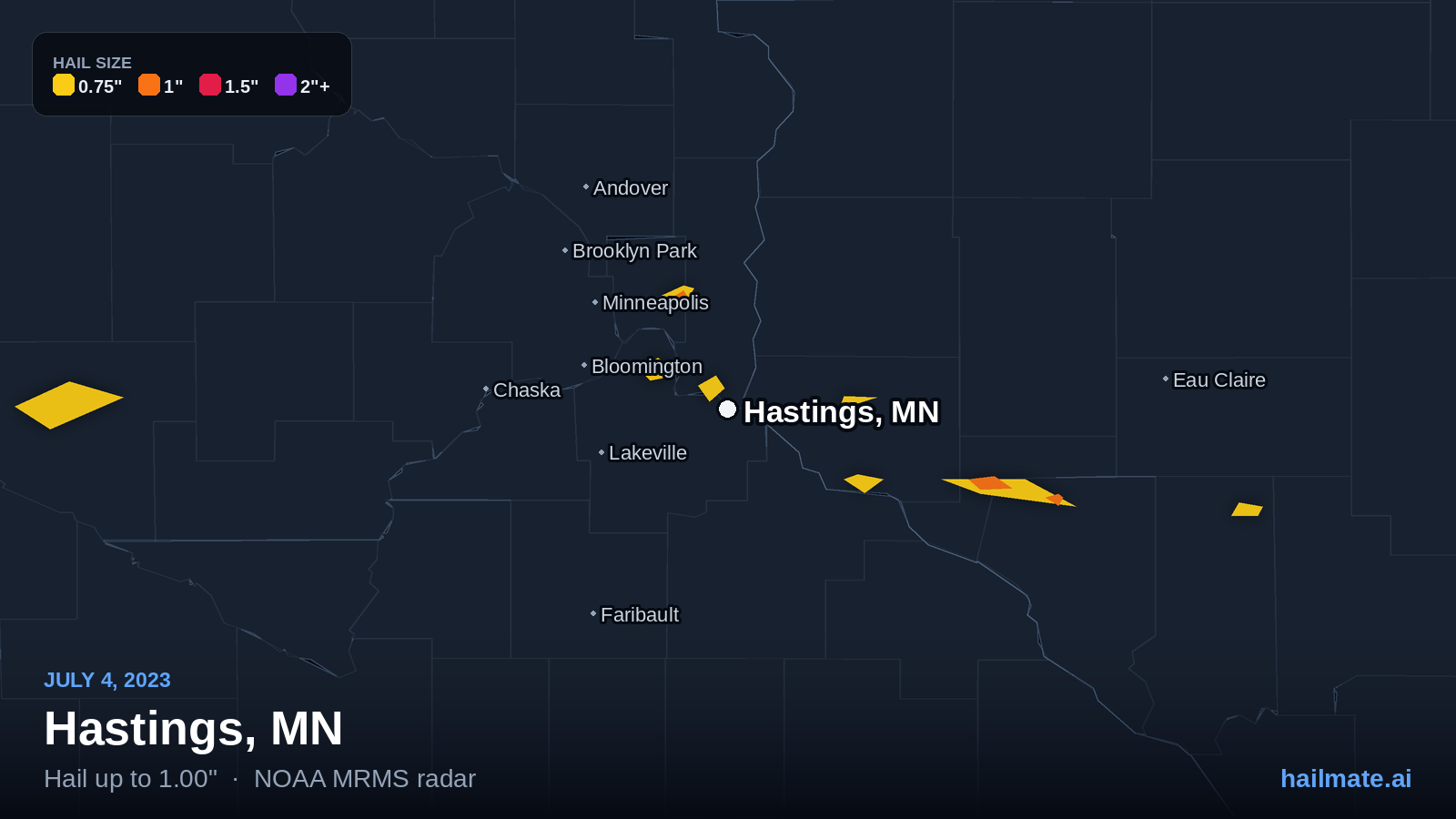 Hail swath map for Hastings, MN on July 4, 2023 showing 1.00 inch hail.