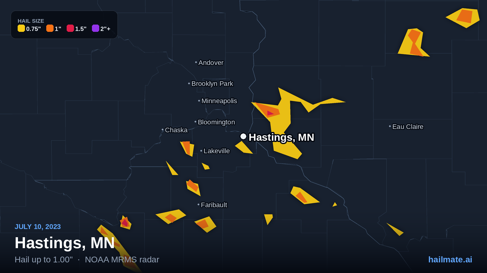 Hail swath map for Hastings, MN on July 10, 2023 showing 1.00 inch hail.
