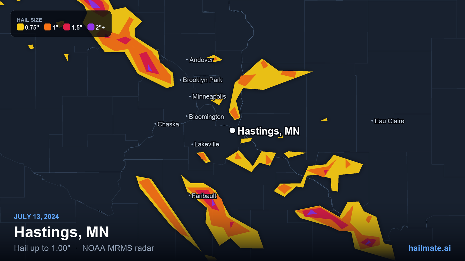 Hail swath map for Hastings, MN on July 13, 2024 showing 1.00 inch hail.