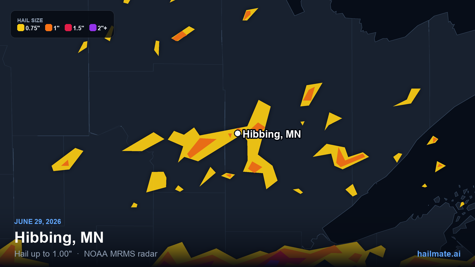 Hail swath map for Hibbing, MN on June 29, 2026 showing 1.00 inch hail.