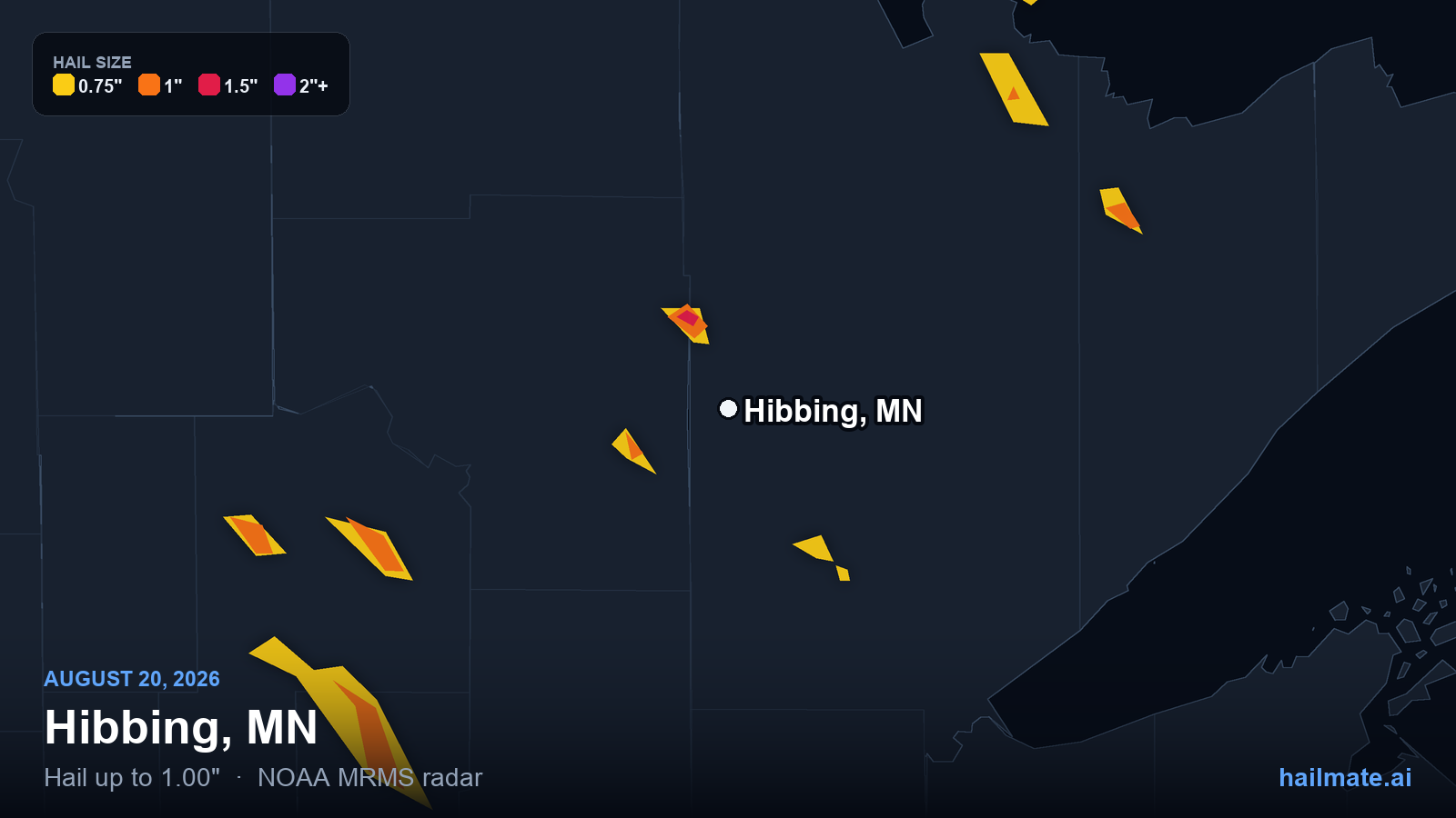 Hail swath map for Hibbing, MN on August 20, 2026 showing 1.00 inch hail.