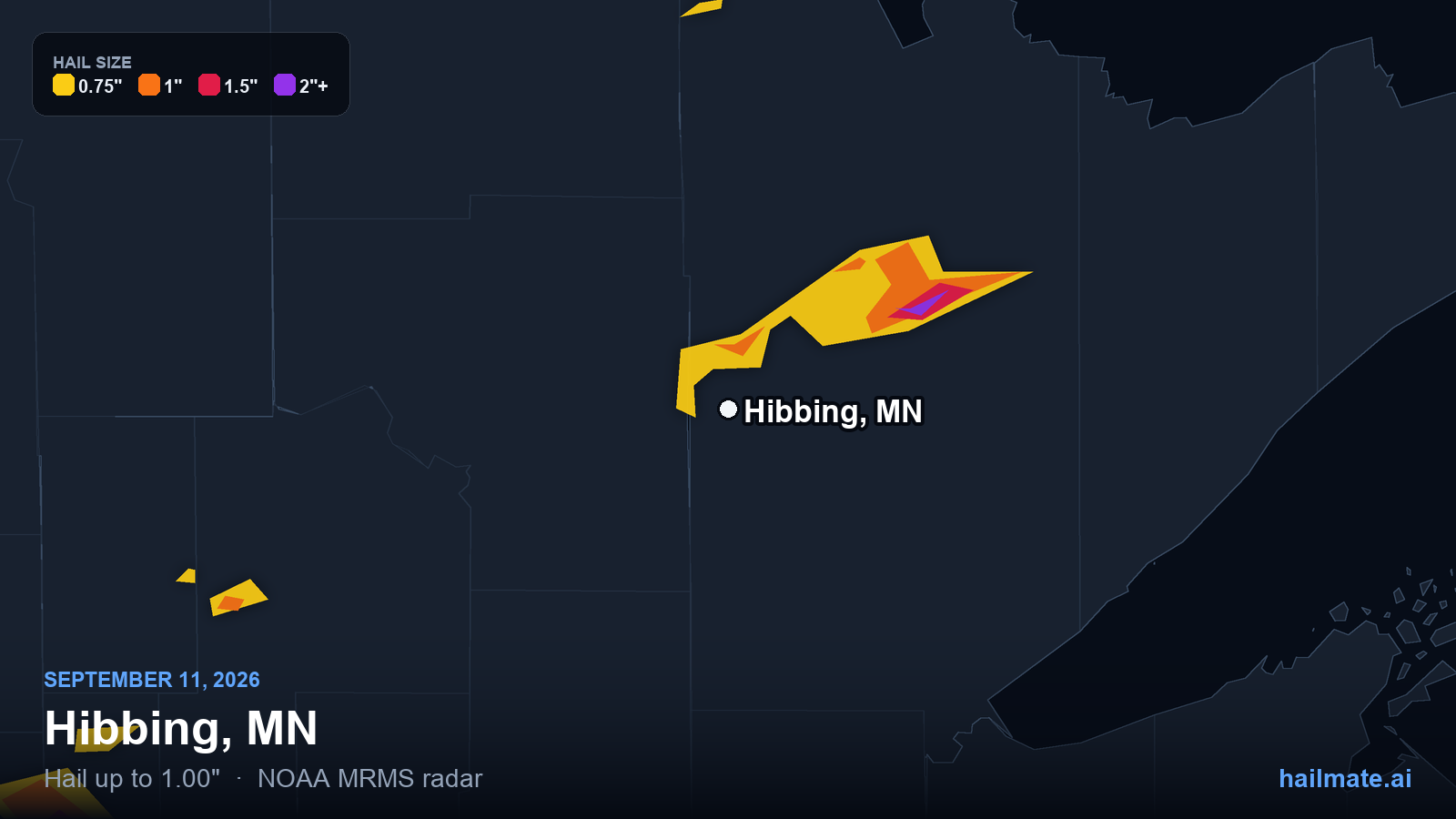 Hail swath map for Hibbing, MN on September 11, 2026 showing 1.00 inch hail.