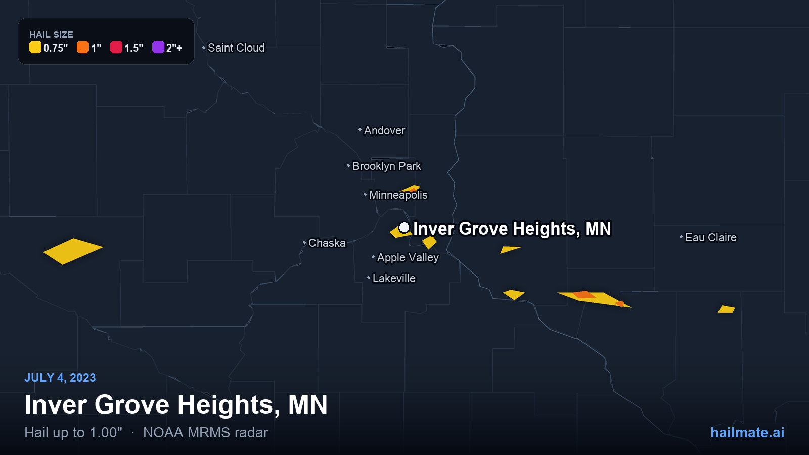 Hail swath map for Inver Grove Heights, MN on July 4, 2023 showing 1.00 inch hail.