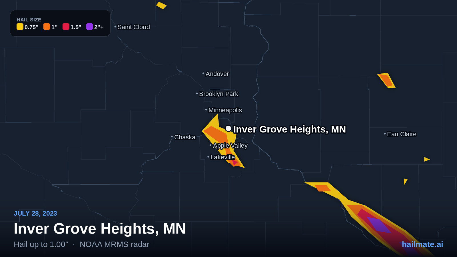 Hail swath map for Inver Grove Heights, MN on July 28, 2023 showing 1.00 inch hail.