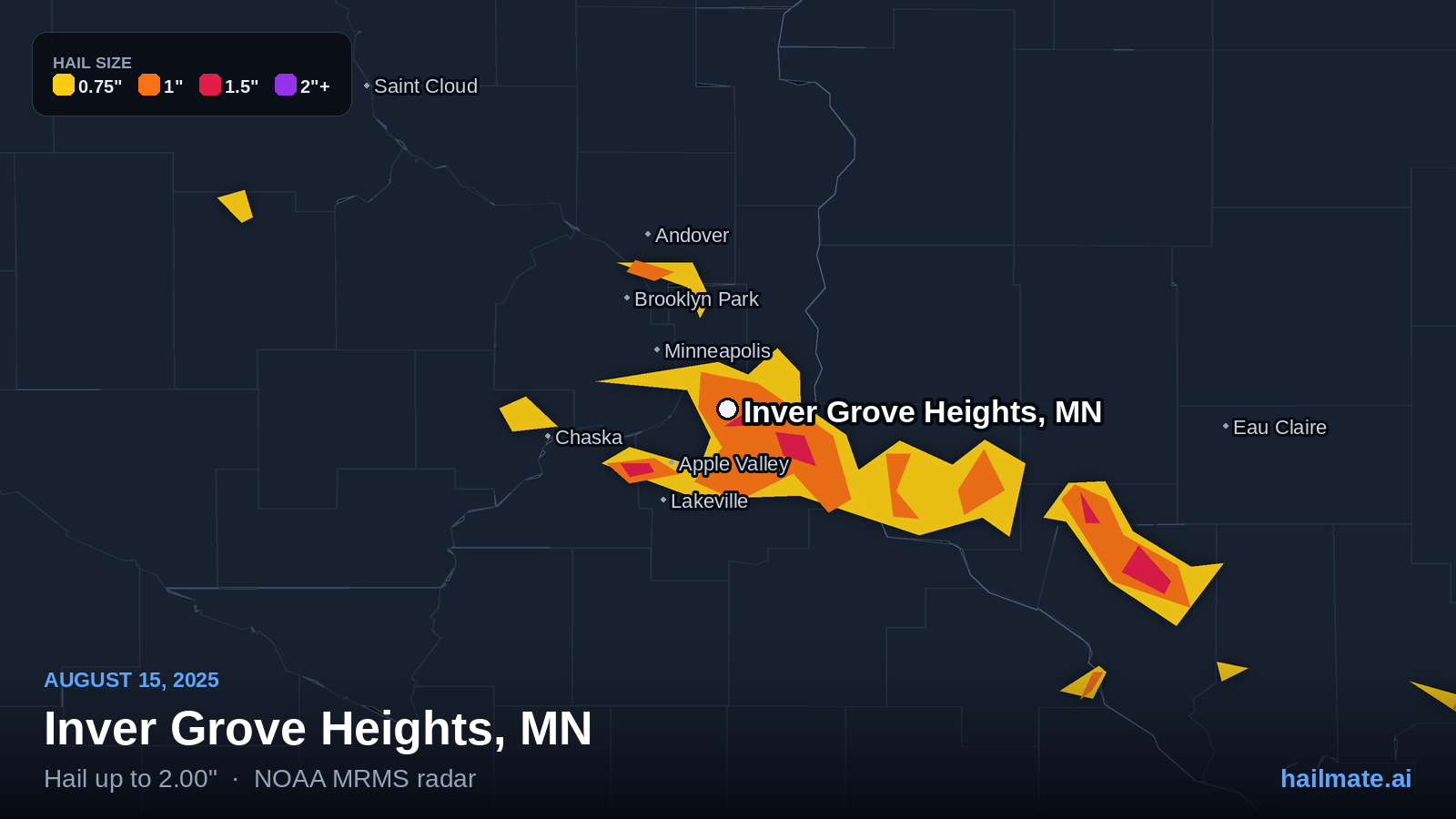 Hail swath map for Inver Grove Heights, MN on August 15, 2025 showing 2.00 inch hail.