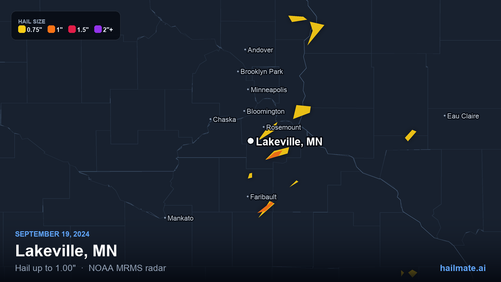Hail swath map for Lakeville, MN on September 19, 2024 showing 1.00 inch hail.