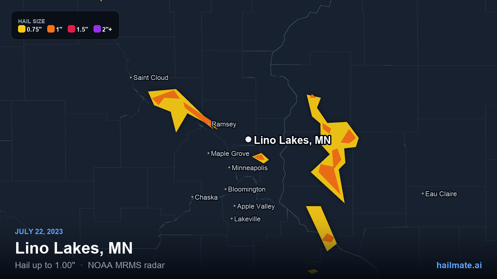 Hail swath map for Lino Lakes, MN on July 22, 2023 showing 1.00 inch hail.