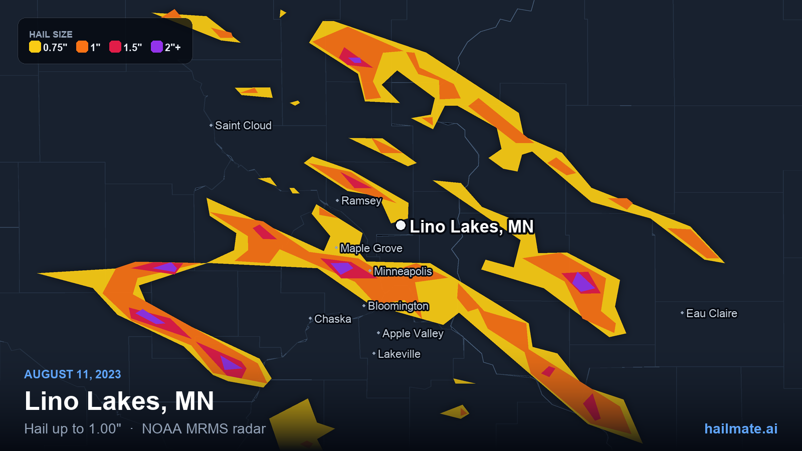 Hail swath map for Lino Lakes, MN on August 11, 2023 showing 1.00 inch hail.