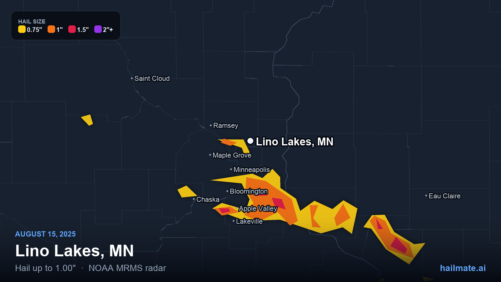 Hail swath map for Lino Lakes, MN on August 15, 2025 showing 1.00 inch hail.