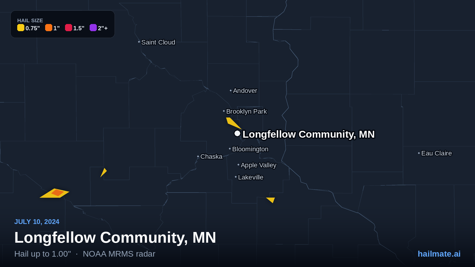 Hail swath map for Longfellow Community, MN on July 10, 2024 showing 1.00 inch hail.