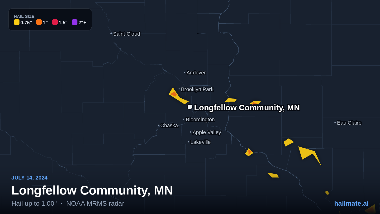 Hail swath map for Longfellow Community, MN on July 14, 2024 showing 1.00 inch hail.