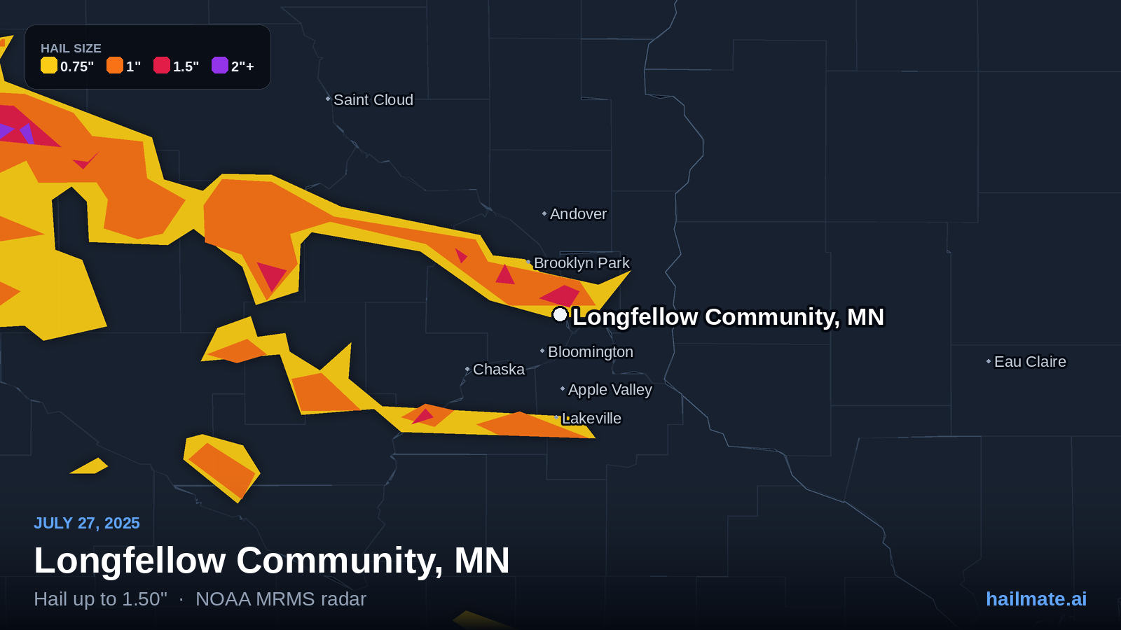 Hail swath map for Longfellow Community, MN on July 27, 2025 showing 1.50 inch hail.