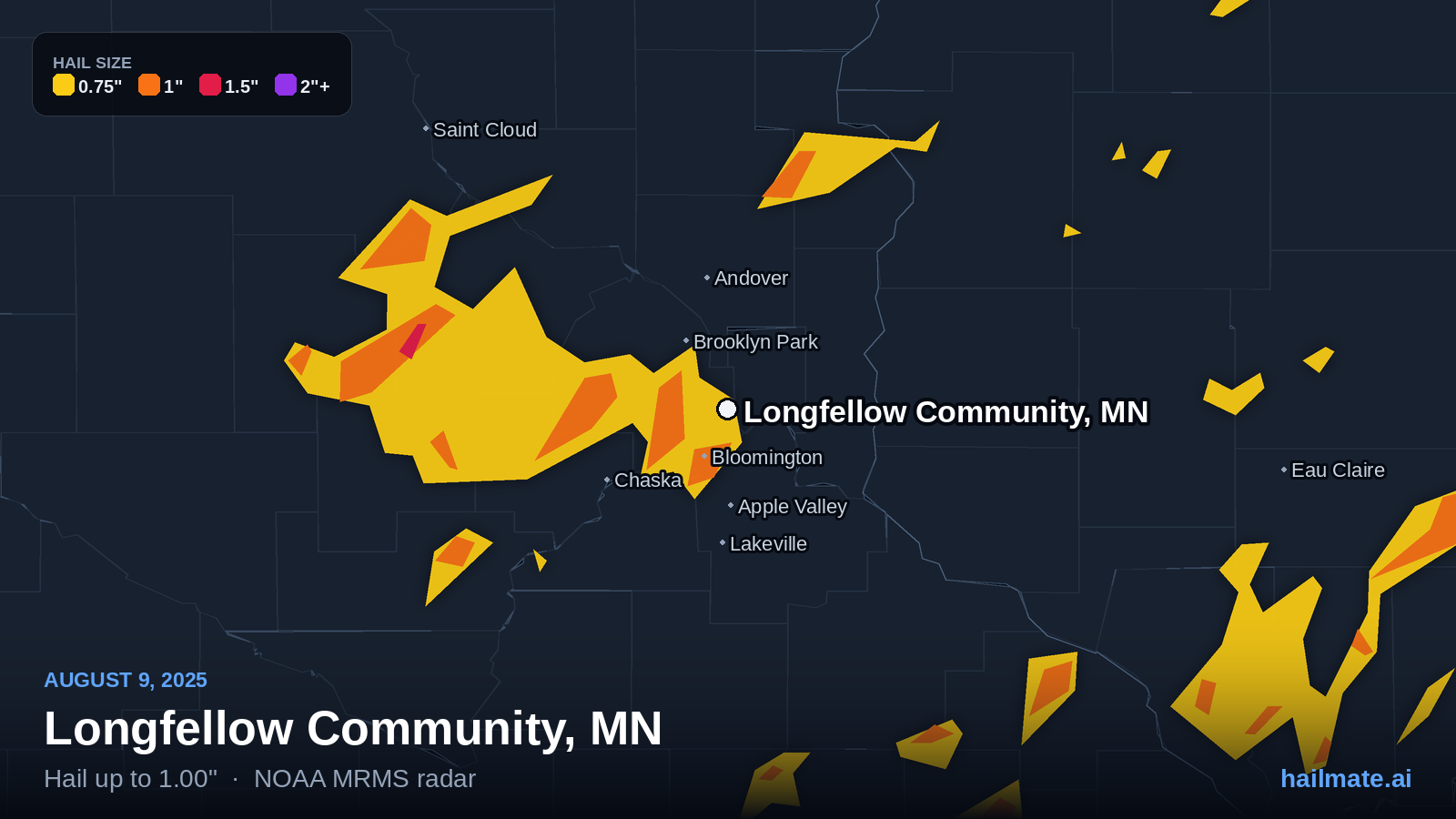 Hail swath map for Longfellow Community, MN on August 9, 2025 showing 1.00 inch hail.