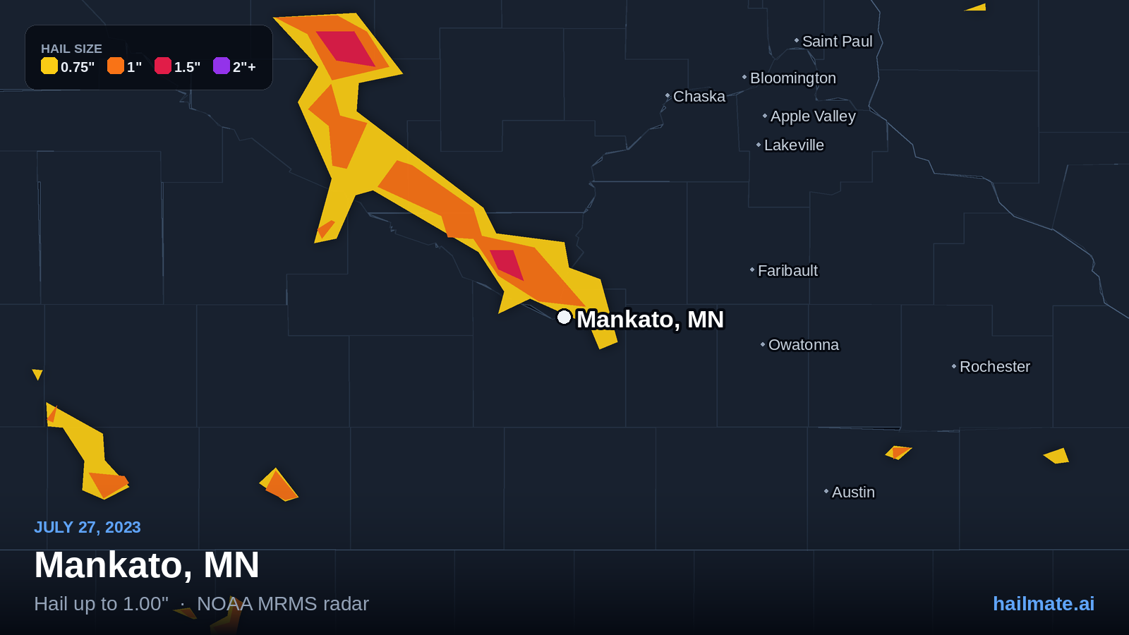 Hail swath map for Mankato, MN on July 27, 2023 showing 1.00 inch hail.