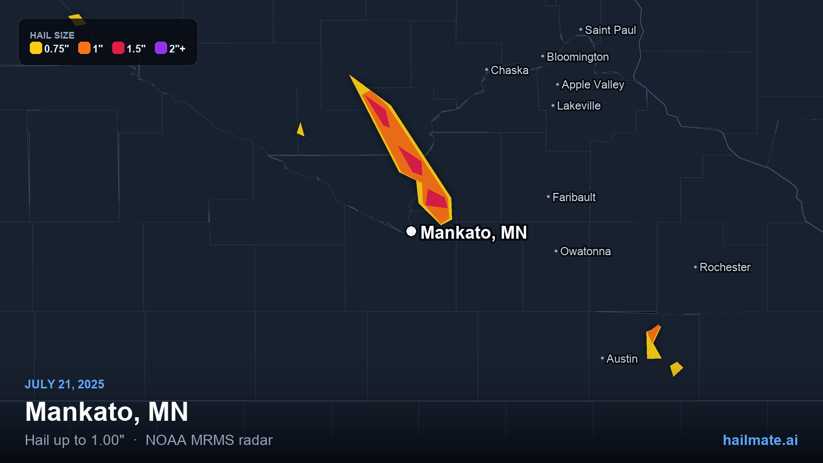 Hail swath map for Mankato, MN on July 21, 2025 showing 1.00 inch hail.
