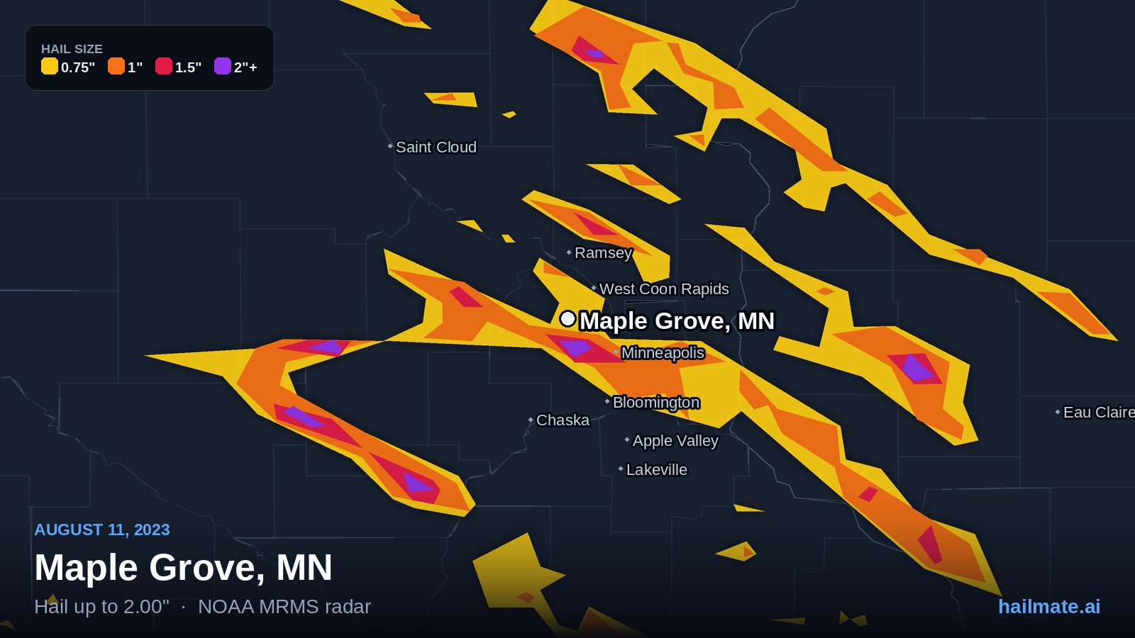 Hail swath map for Maple Grove, MN on August 11, 2023 showing 2.00 inch hail.