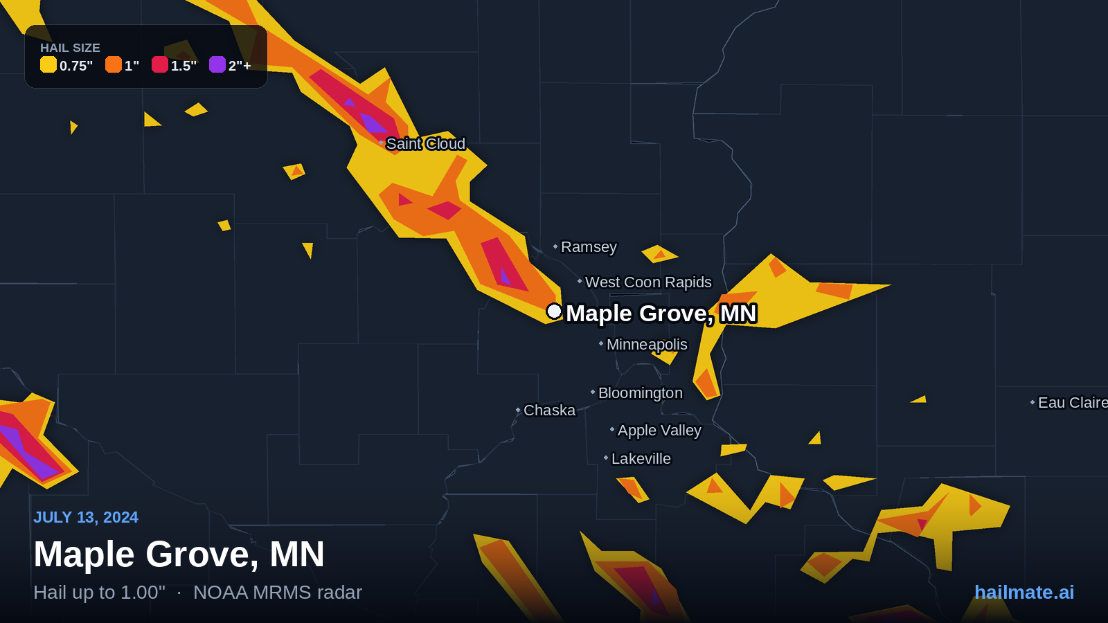 Hail swath map for Maple Grove, MN on July 13, 2024 showing 1.00 inch hail.
