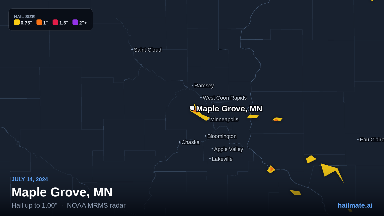 Hail swath map for Maple Grove, MN on July 14, 2024 showing 1.00 inch hail.