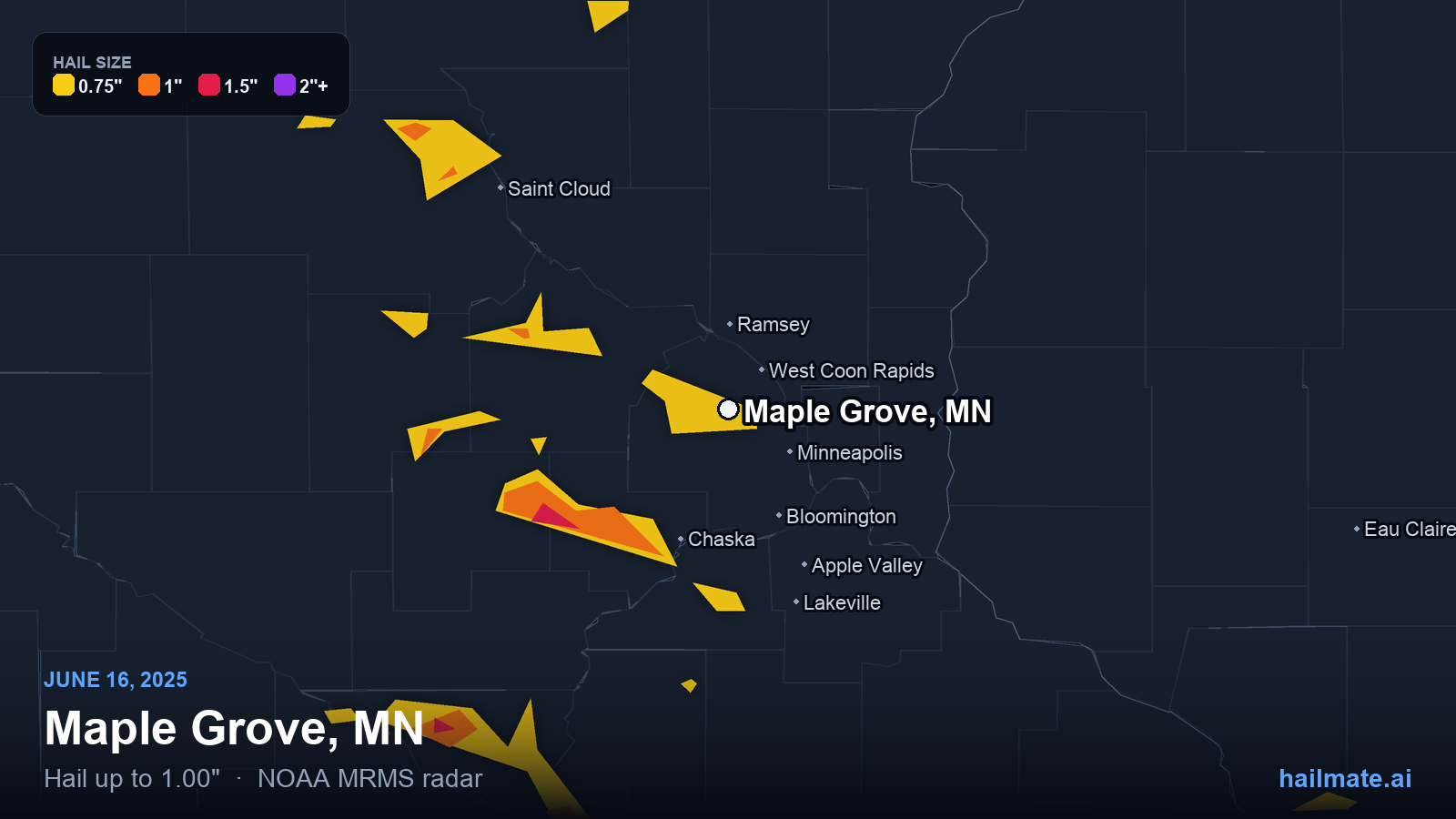 Hail swath map for Maple Grove, MN on June 16, 2025 showing 1.00 inch hail.