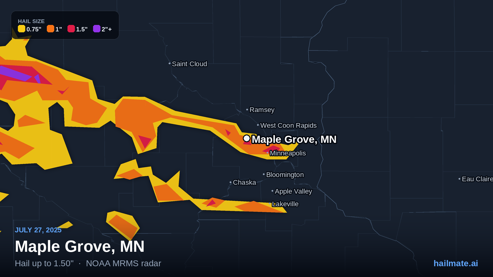 Hail swath map for Maple Grove, MN on July 27, 2025 showing 1.50 inch hail.