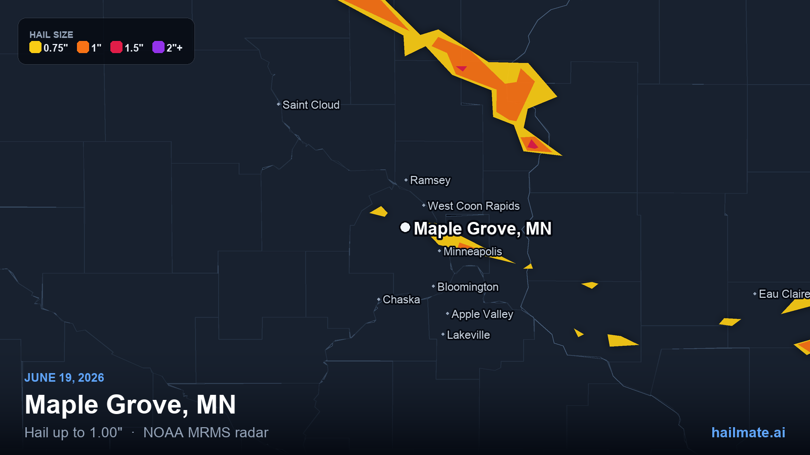 Hail swath map for Maple Grove, MN on June 19, 2026 showing 1.00 inch hail.