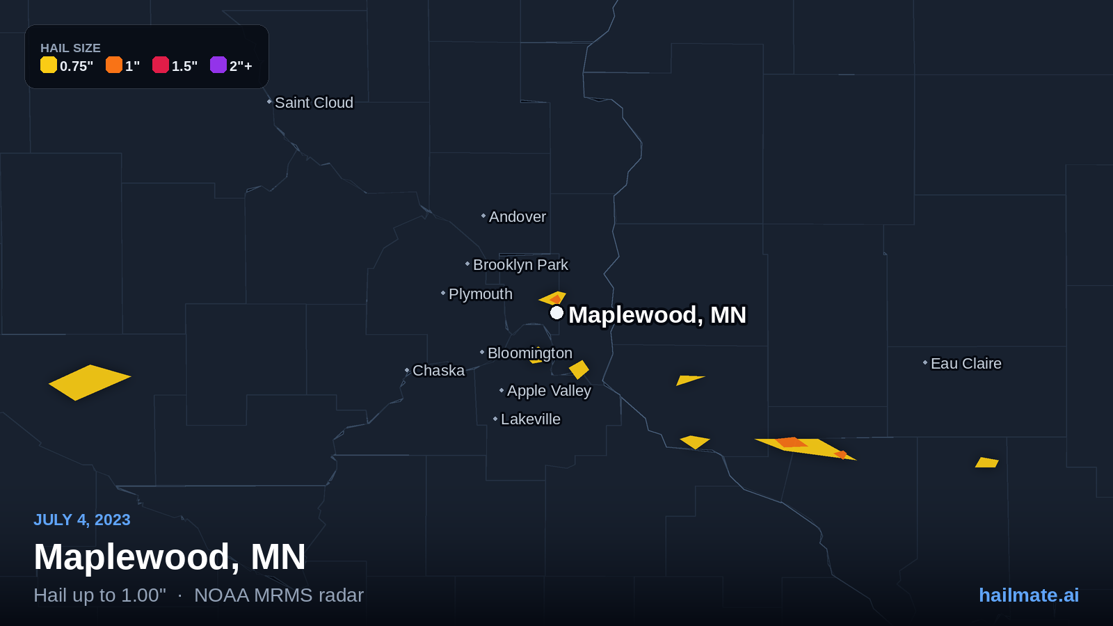 Hail swath map for Maplewood, MN on July 4, 2023 showing 1.00 inch hail.