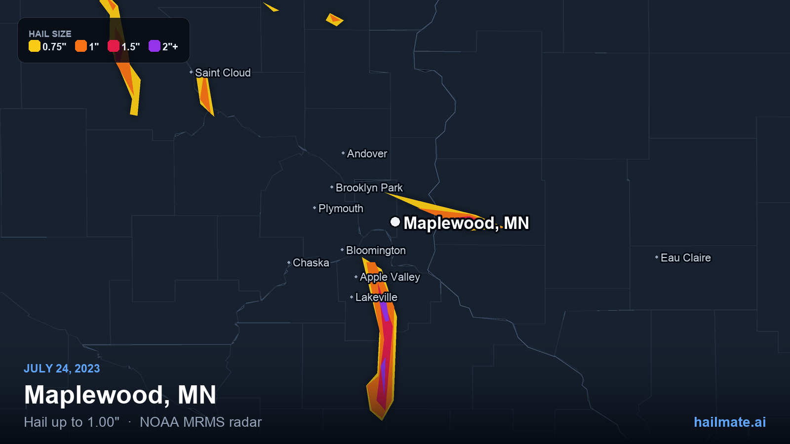 Hail swath map for Maplewood, MN on July 24, 2023 showing 1.00 inch hail.