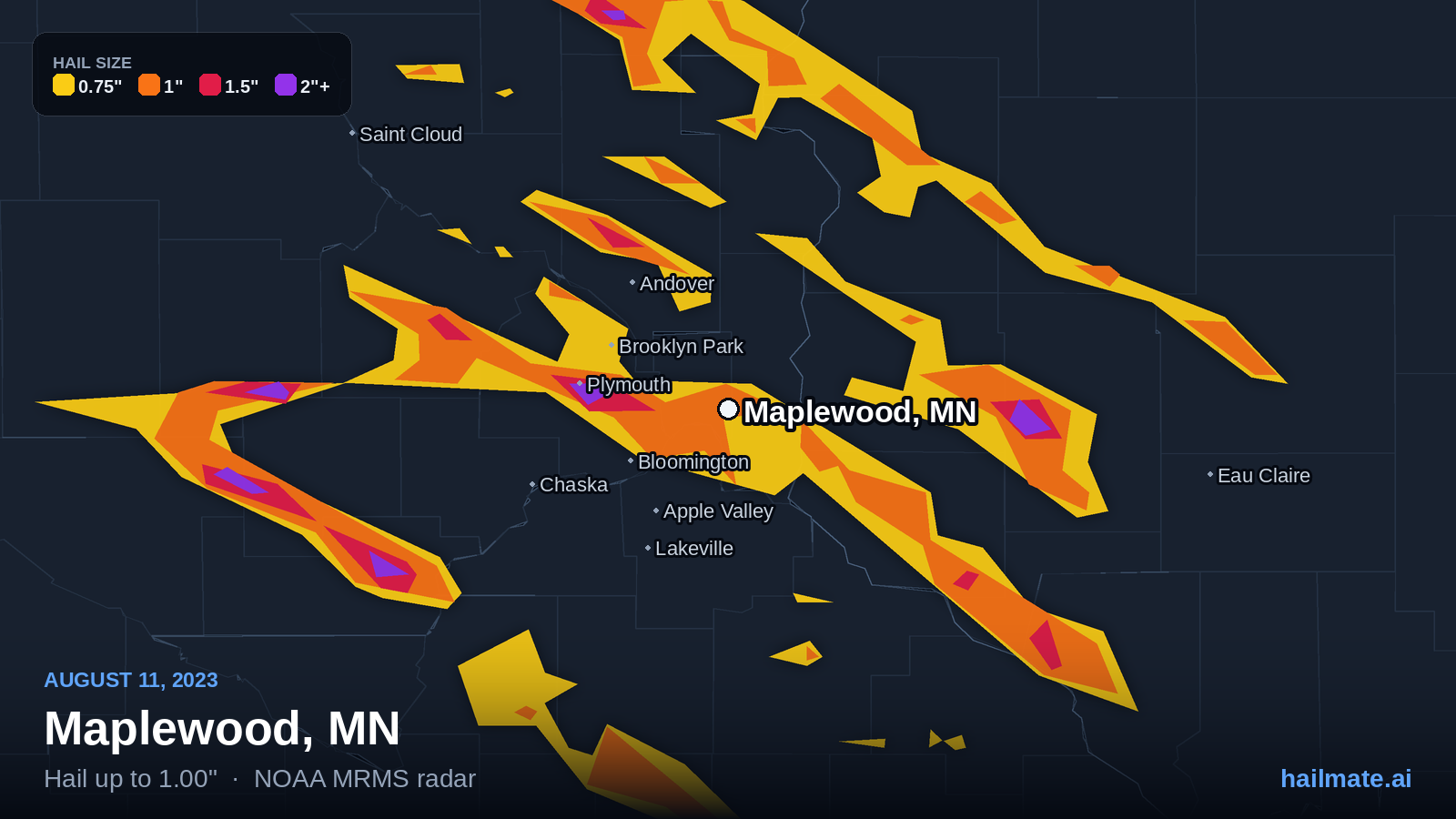 Hail swath map for Maplewood, MN on August 11, 2023 showing 1.00 inch hail.