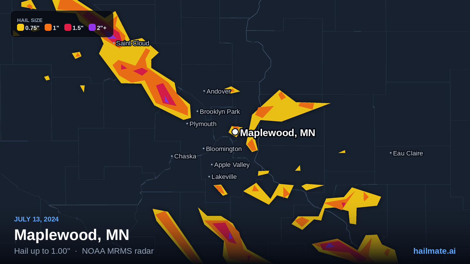 Hail swath map for Maplewood, MN on July 13, 2024 showing 1.00 inch hail.