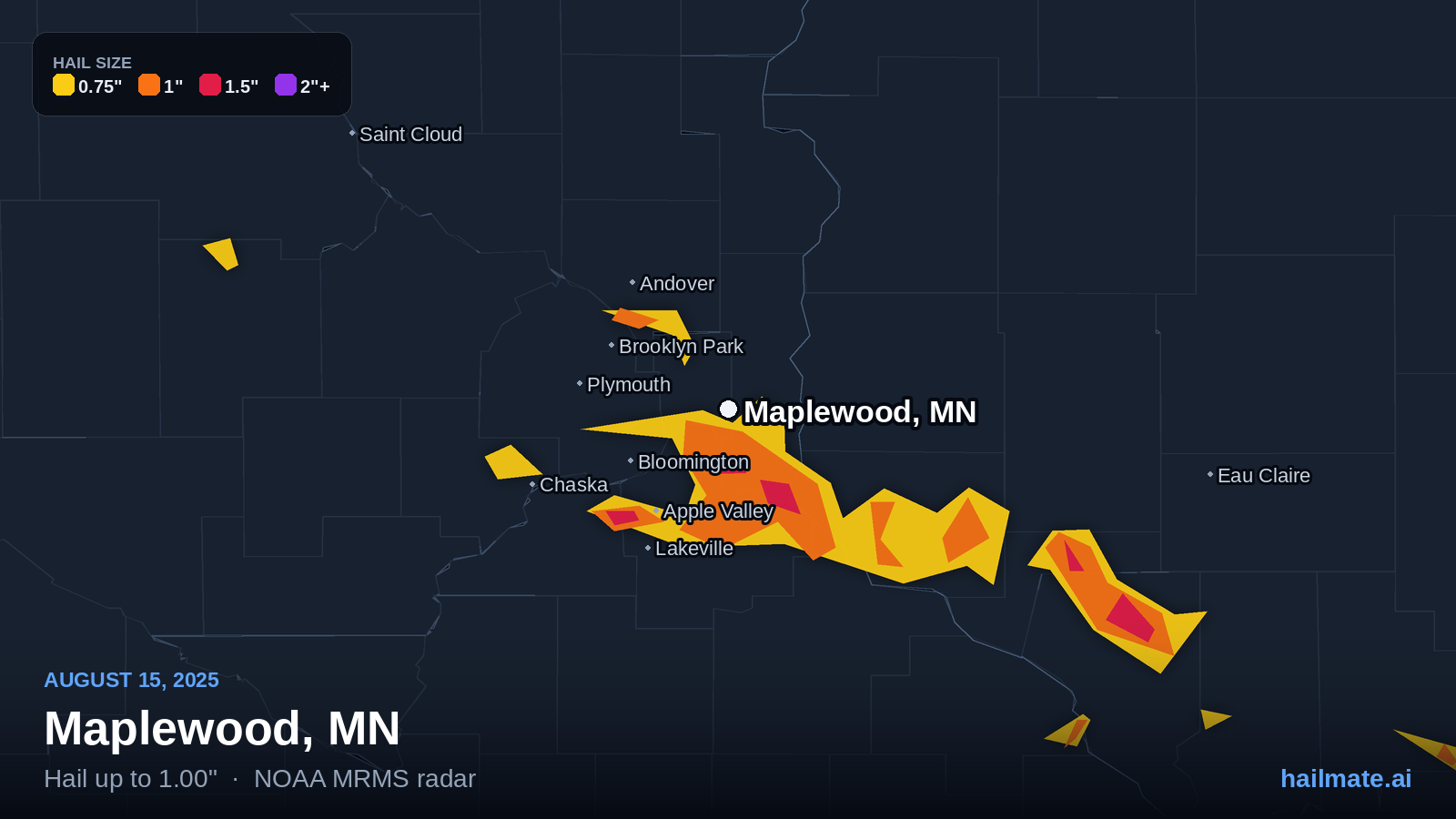 Hail swath map for Maplewood, MN on August 15, 2025 showing 1.00 inch hail.