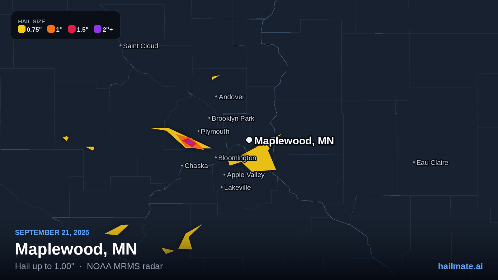 Hail swath map for Maplewood, MN on September 21, 2025 showing 1.00 inch hail.