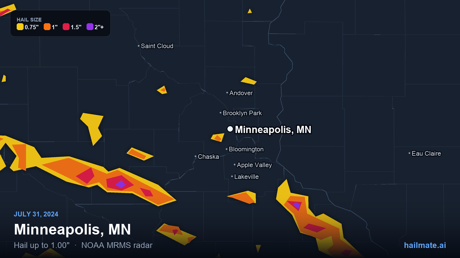 Hail swath map for Minneapolis, MN on July 31, 2024 showing 1.00 inch hail.