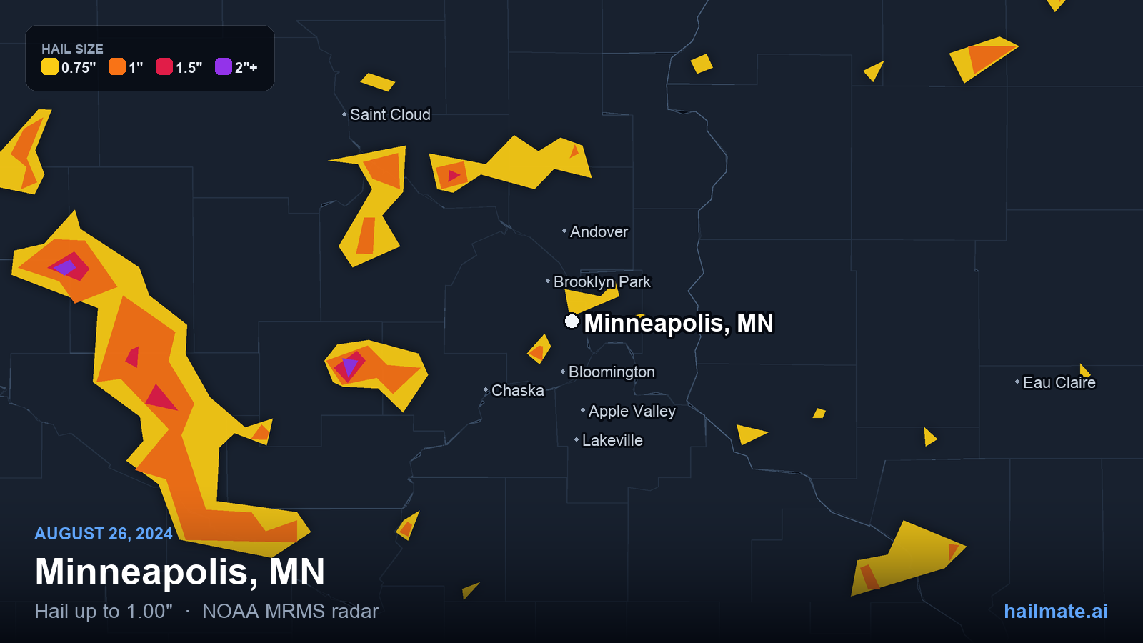 Hail swath map for Minneapolis, MN on August 26, 2024 showing 1.00 inch hail.