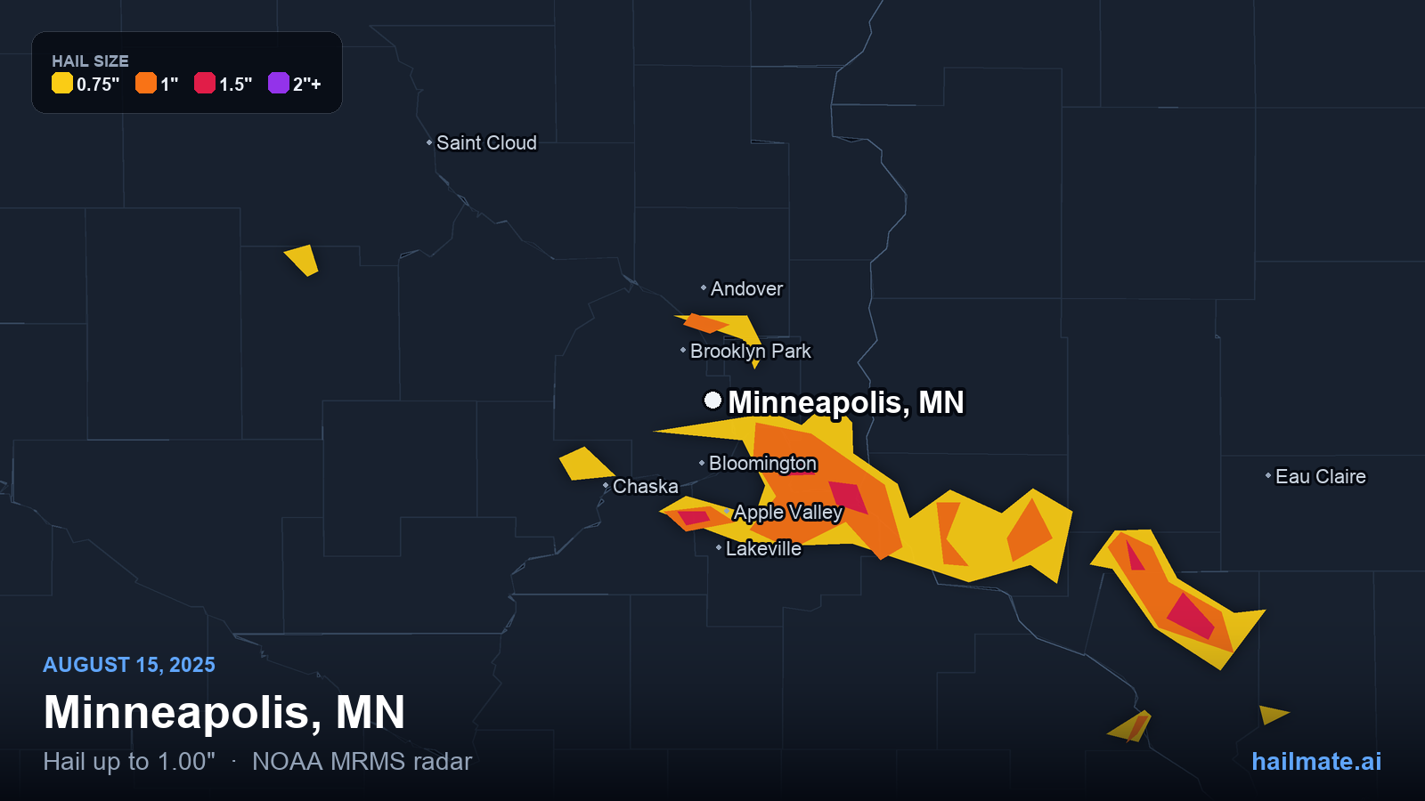 Hail swath map for Minneapolis, MN on August 15, 2025 showing 1.00 inch hail.