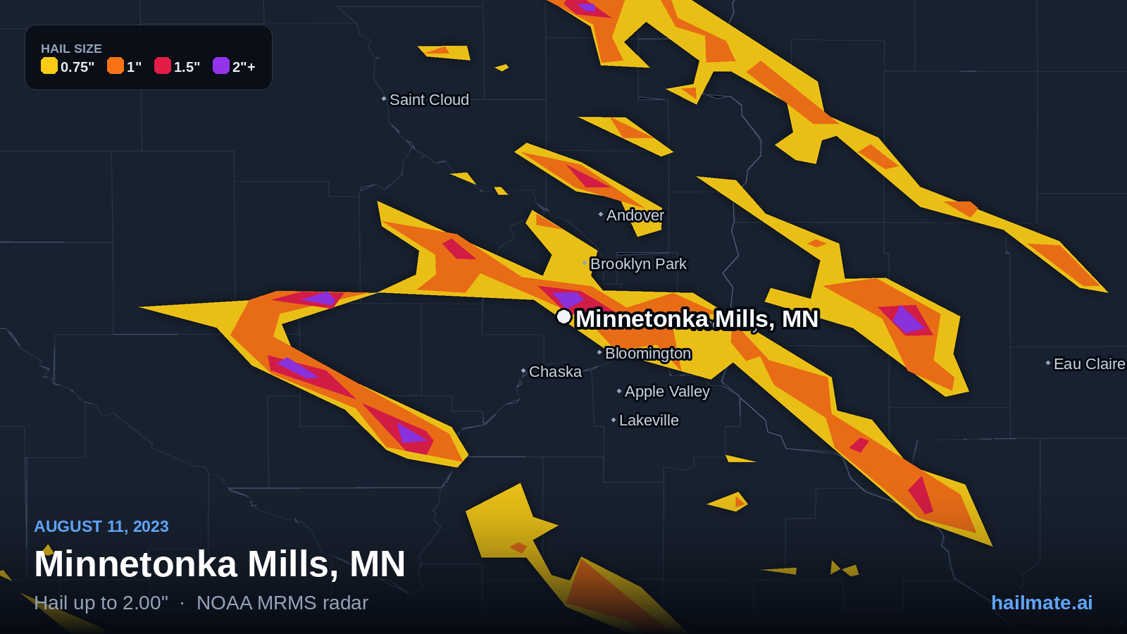 Hail swath map for Minnetonka Mills, MN on August 11, 2023 showing 2.00 inch hail.