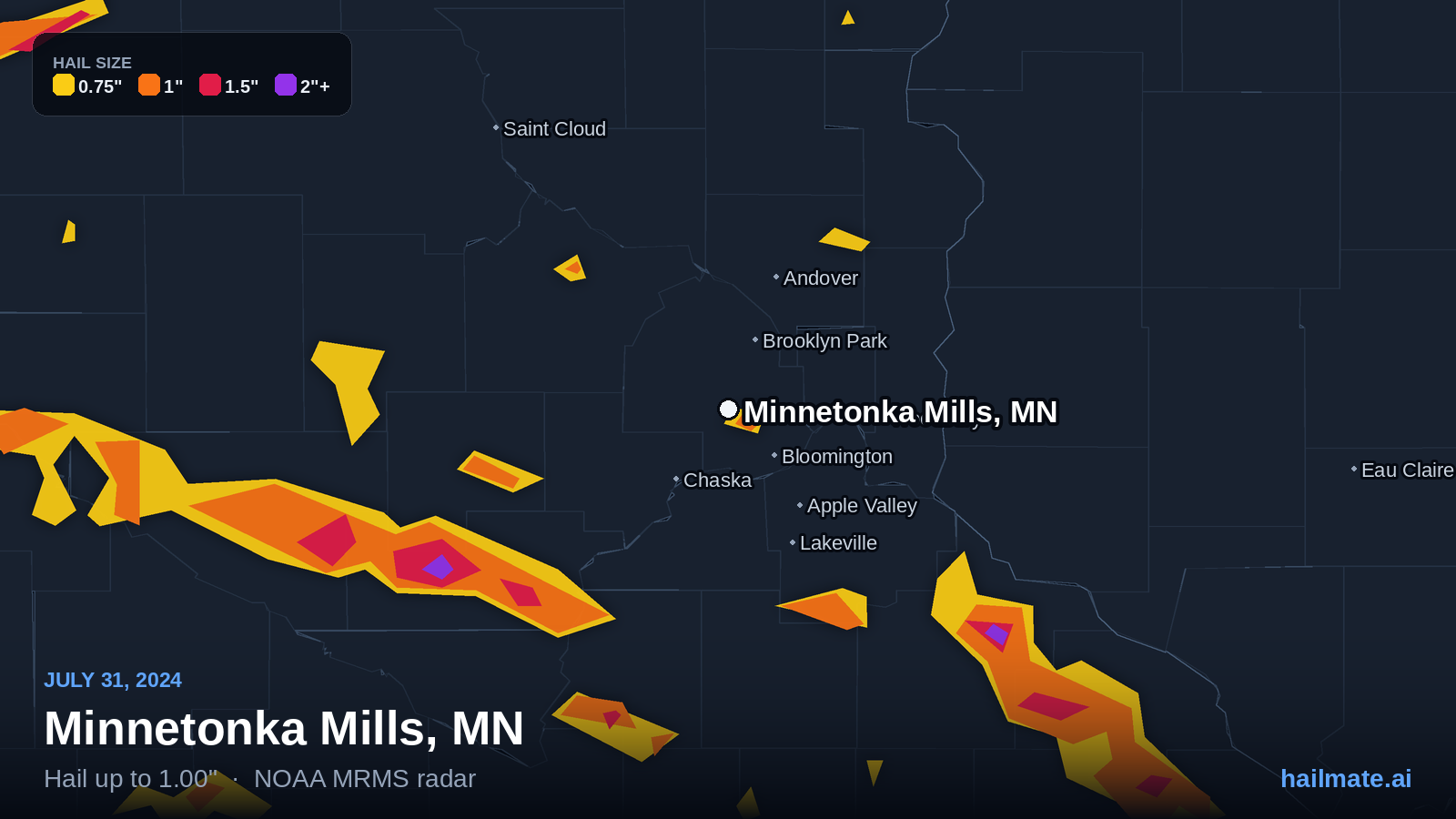 Hail swath map for Minnetonka Mills, MN on July 31, 2024 showing 1.00 inch hail.