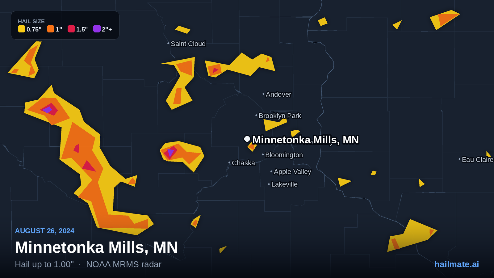 Hail swath map for Minnetonka Mills, MN on August 26, 2024 showing 1.00 inch hail.