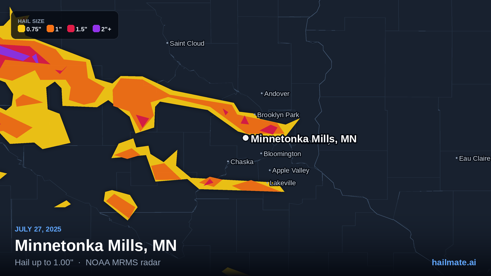 Hail swath map for Minnetonka Mills, MN on July 27, 2025 showing 1.00 inch hail.