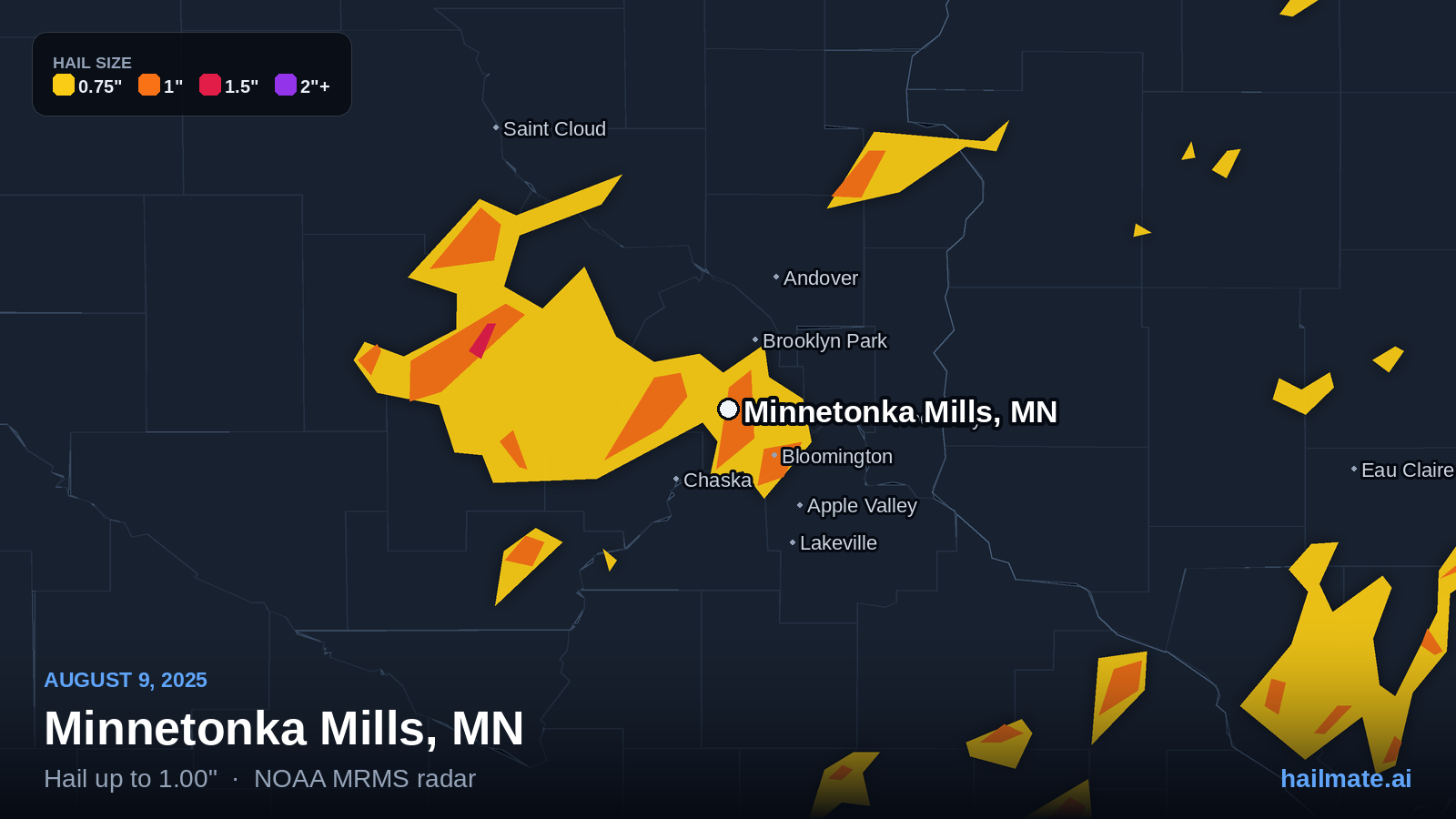 Hail swath map for Minnetonka Mills, MN on August 9, 2025 showing 1.00 inch hail.