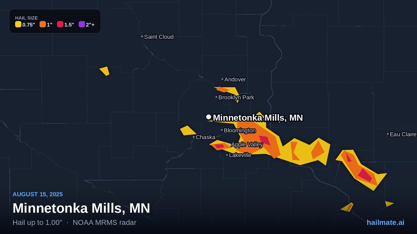 Hail swath map for Minnetonka Mills, MN on August 15, 2025 showing 1.00 inch hail.
