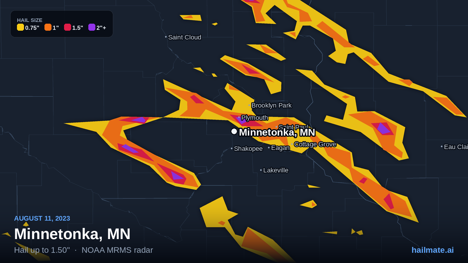Hail swath map for Minnetonka, MN on August 11, 2023 showing 1.50 inch hail.