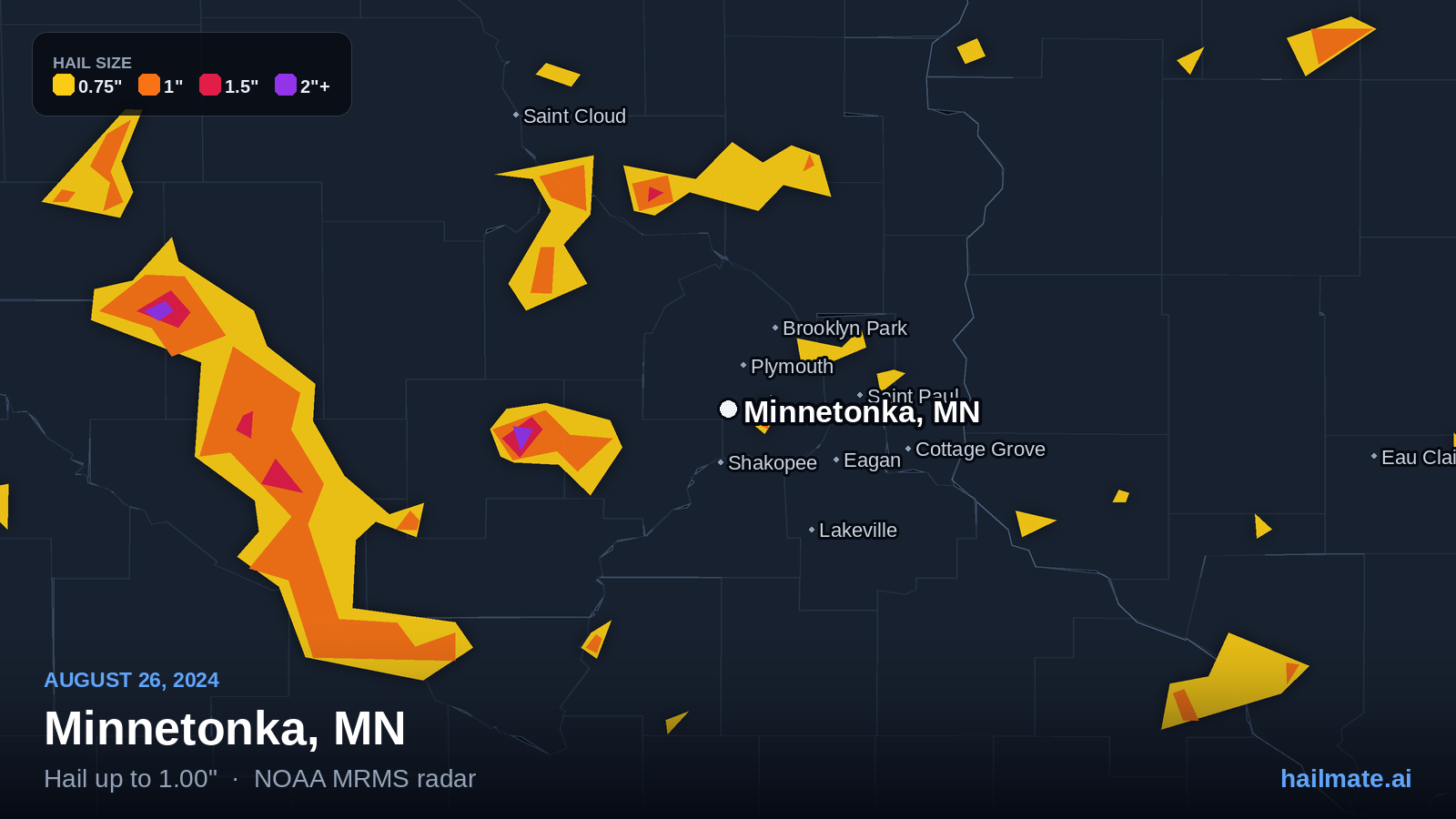 Hail swath map for Minnetonka, MN on August 26, 2024 showing 1.00 inch hail.