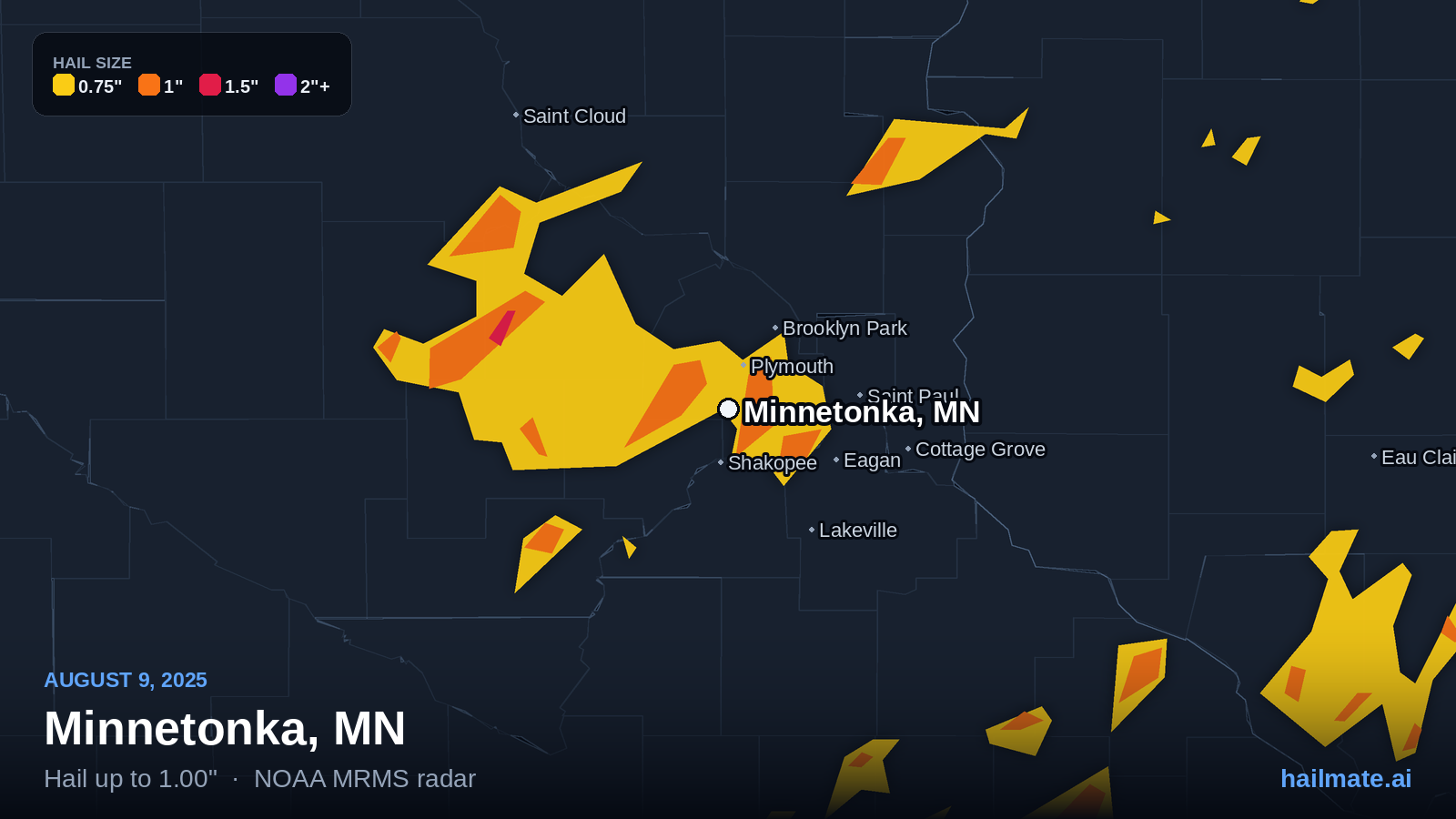 Hail swath map for Minnetonka, MN on August 9, 2025 showing 1.00 inch hail.