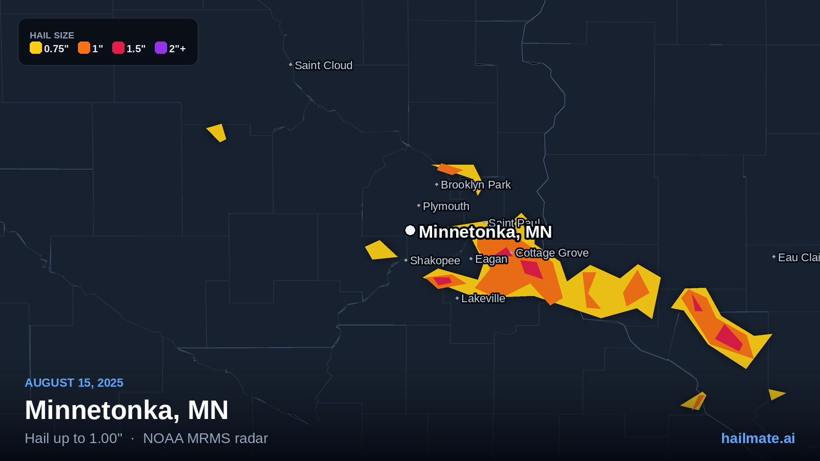 Hail swath map for Minnetonka, MN on August 15, 2025 showing 1.00 inch hail.