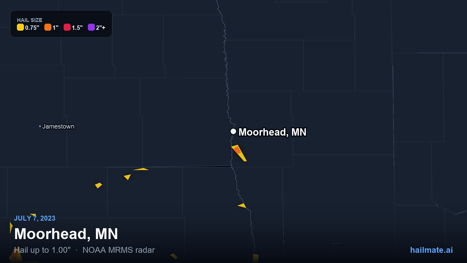 Hail swath map for Moorhead, MN on July 7, 2023 showing 1.00 inch hail.