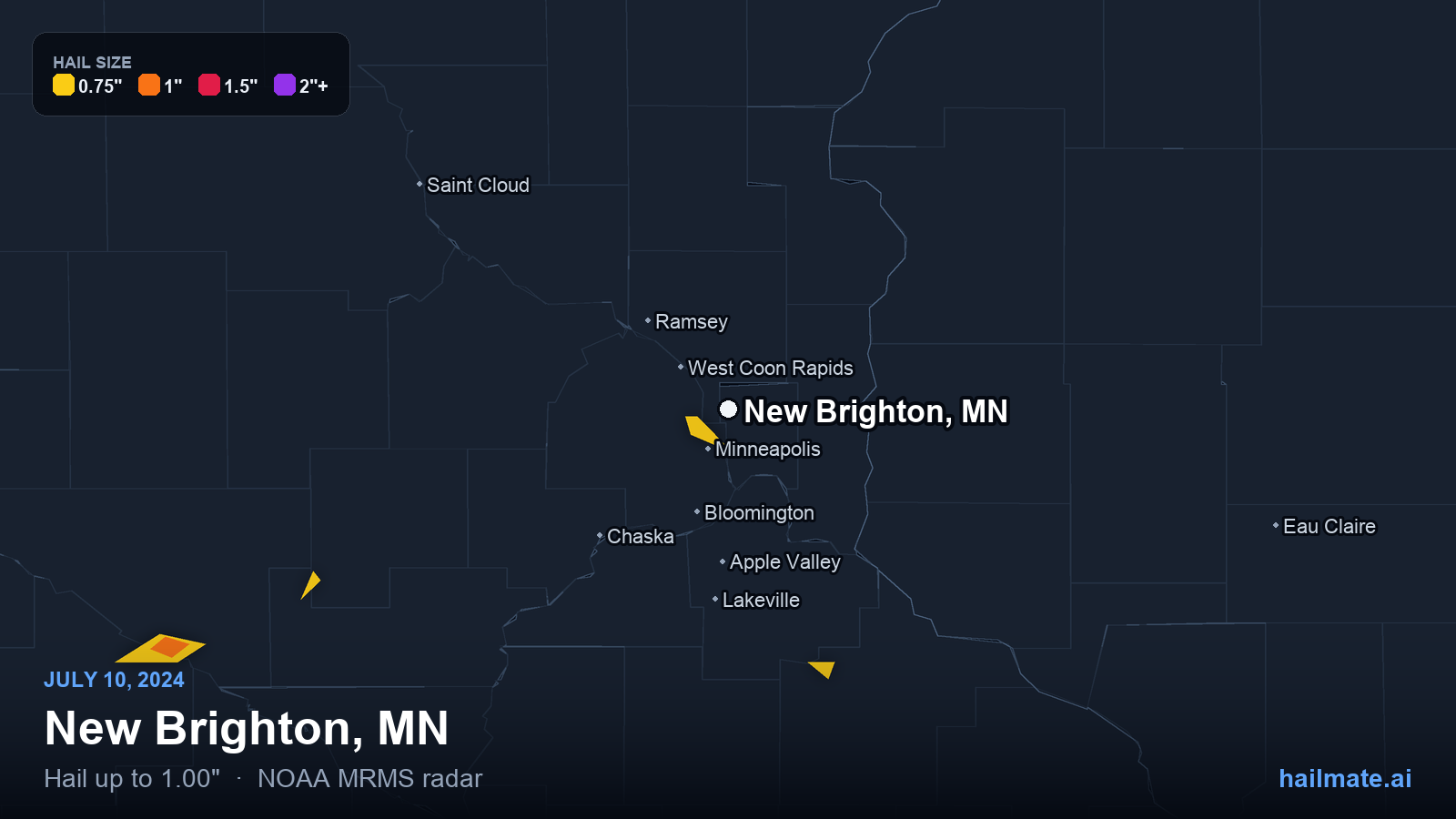 Hail swath map for New Brighton, MN on July 10, 2024 showing 1.00 inch hail.