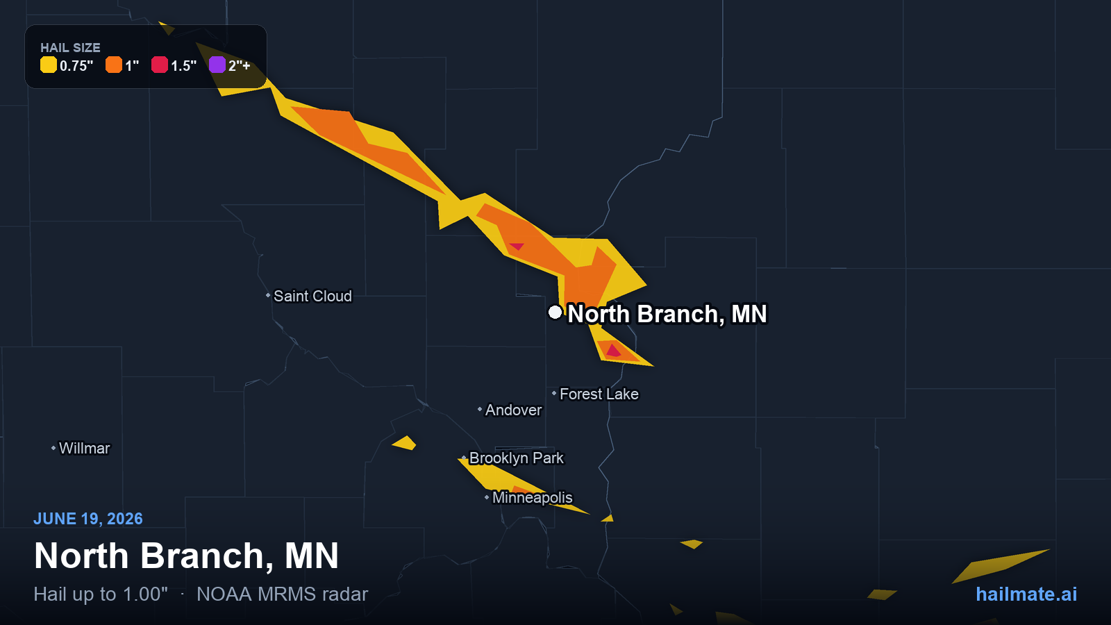 Hail swath map for North Branch, MN on June 19, 2026 showing 1.00 inch hail.